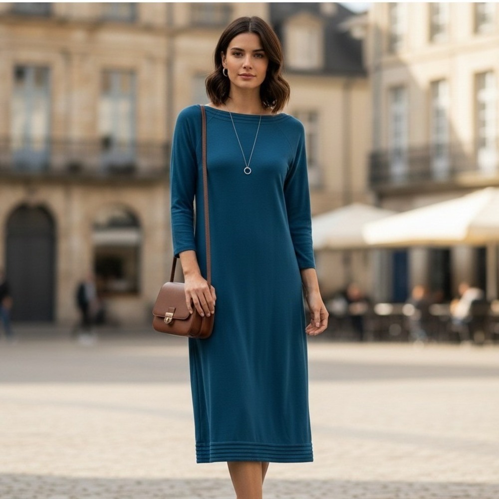 Talbots Petites Dress Womens 12 Blue Long Sleeve Boat Neck Minimalist Stretch